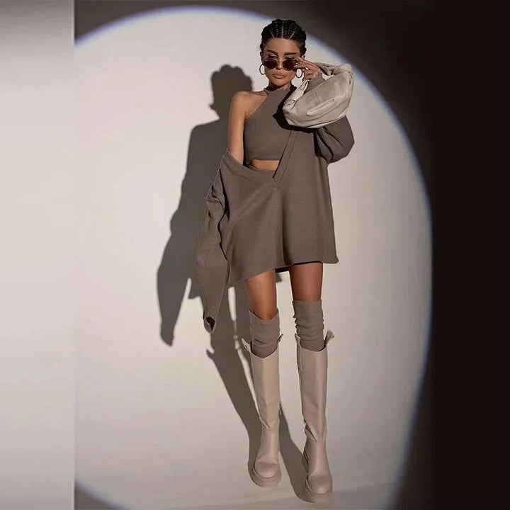 Effen Geribde Gebreide Sweater met Vest